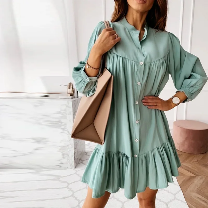 

Ruffled Front Single-Breasted A-Line Dress New Women Dresses Spring Summer Long Sleeve Stand Collar Solid Casual Mini Dress 2021