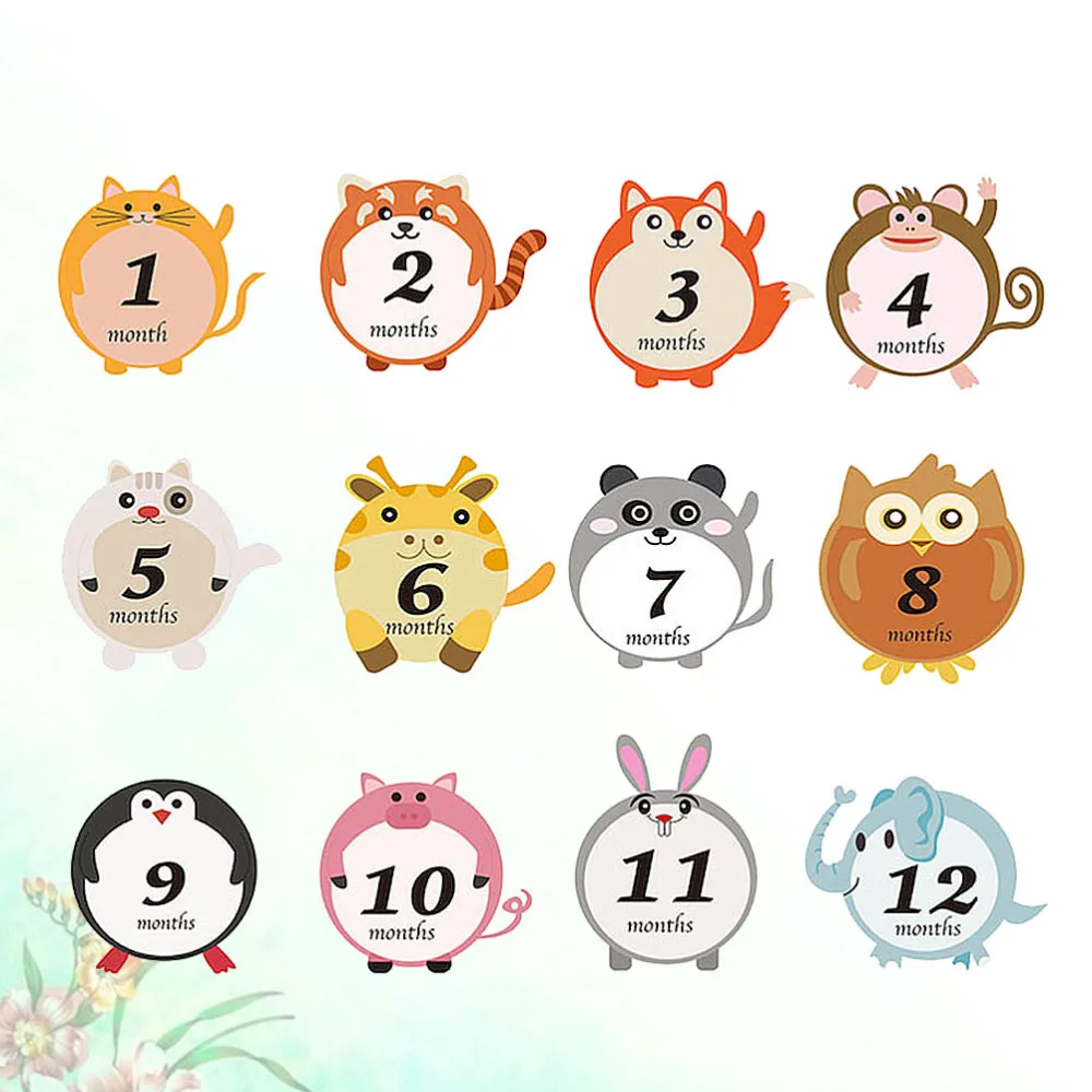 

12pcs Cartoon Animal Baby Month Decals Infant Photo Sticker Adorable Baby Month Sticker (1 Set/12pcs)