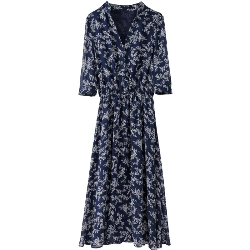 

The new light ripe female western style of tall waist skirt summer v-neck printed chiffon dress with short sleeves