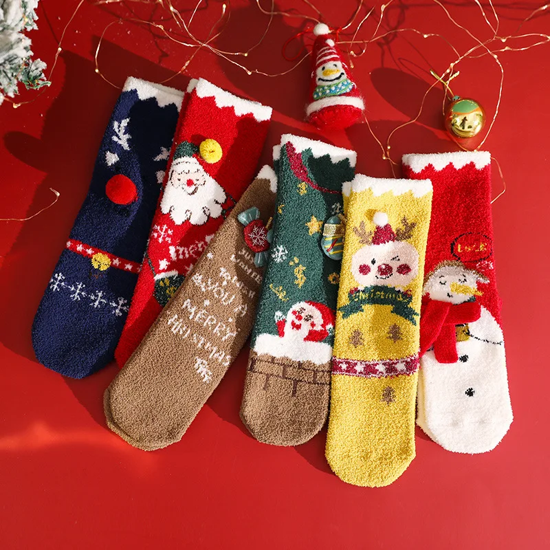 

2 Pairs Christmas Socks Winter Plus Velvet Thick Coral Fleece Children's Socks Without Heel Parent-child Socks Warm Baby Socks