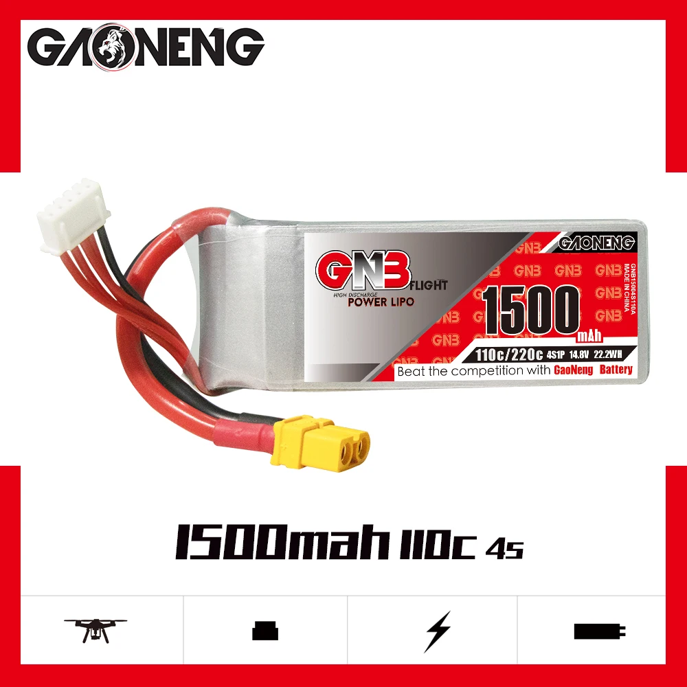 

Gaoneng GNB 4S 1500mAh 14.8V 110C/220C Lipo Battery with XT60 Plug for 250 size 3D FPV Racing Drone Quadcopter Multirotor Parts