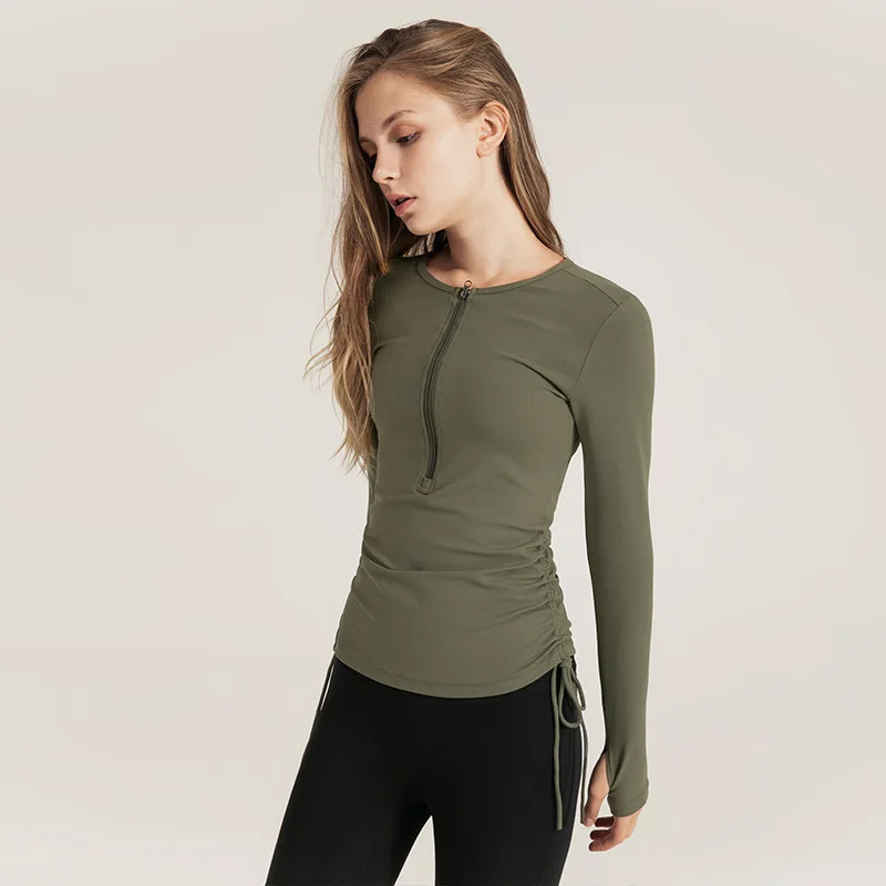 

Drawstring Yoga Clothes Tops Casual Slim Quick-drying Running Zipper Sports Fitness Clothes Women's Long Sleeves