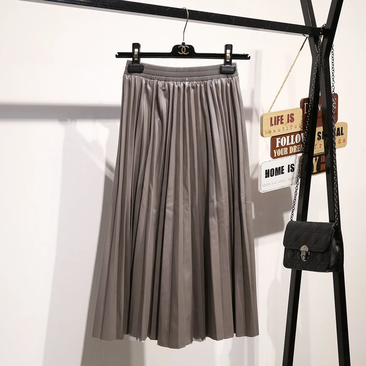 

2020 Autumn Vintage stretch waist pleated PU skirts women long PU leather skirts women PU leather pleated skirts lady skirt