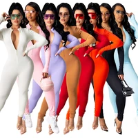 casaul women jumpsuit front zipper solid color full sleeve bodycon skinny long romper women jumpsuit outfit