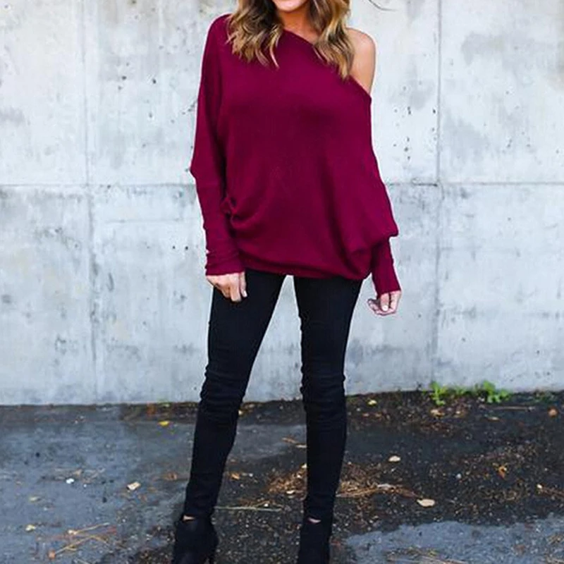 

2021 Autumn Women's Fashion Sexy Slash Neck Knitting Tops Hot Sale Women Solid Off-the-shoulder Bat Sleeve Threaded T-shirt
