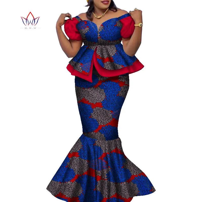 Bintarealwax Africa Style Two Piece Skirt Set Dashiki Elegant Clothing Ruffles Crop Top and Skirt Women Sets for Wedding WY9085