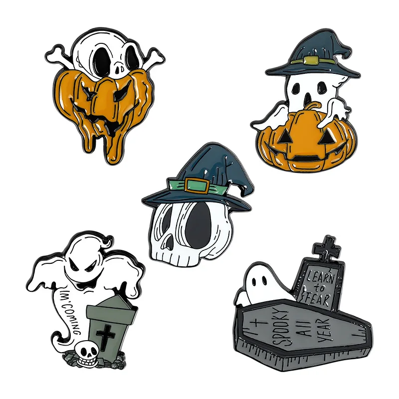 Halloween Enamel Pins Skeleton Skull Pumpkin Ghost Grave Coffin Brooch Bag Gothic Button Badge Boo Jewelry Gift for Friends