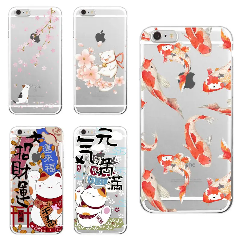 

For iPhone 13 11 Pro 12 7Plus 7 8 8Plus XS Max Koi Fish Cherry Blossom Lucky Cat Japanese Pattern Soft Clear Phone Case Fundas