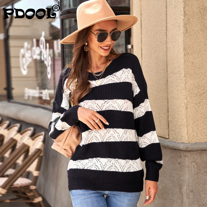 

Женский ажурный свитер, свободный трикотажный топ контрастных цветов с круглым вырезом, в европейском и американском стиле, Осень-зима 2021