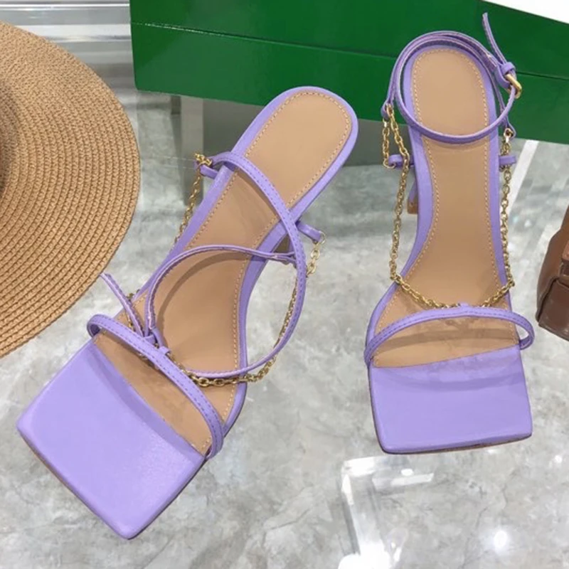 

Fashion Vintange Sandals Women Sexy Chain Thin Heels Buckle Strap Square Toe Sandal Summer Shoes For Female 2021