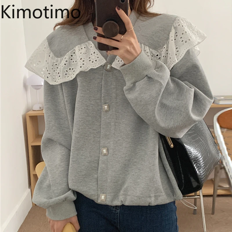 

Kimotimo Sweatshirt Coat Women Korean Chic Age Reduction Ruffles Peter Pan Collar Loose Tops Autumn Winter Long Sleeve Clothes