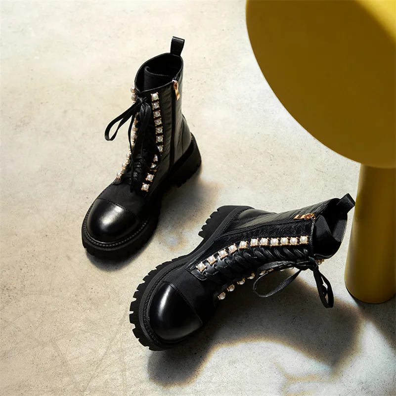 

Meotina Crystal Real Leather Platform Mid Heel Ankle Boots Women Motorcycle Boots Shoes Lace Up Zip Block Heels Lady Short Boots