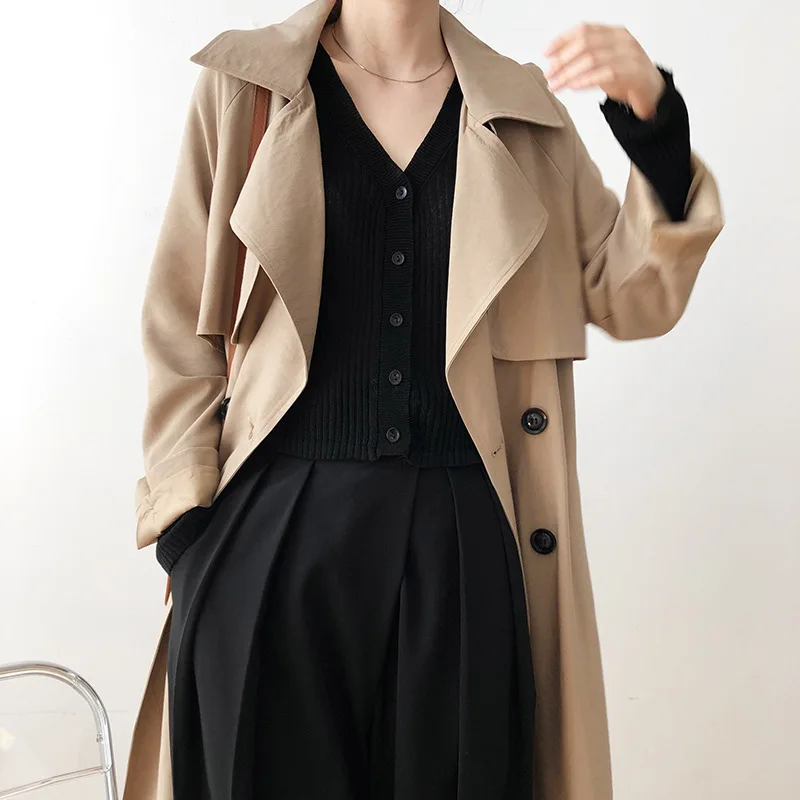 

Women High Quality Spring Fall Fashion Korean Style Solid Color Elegant Long Sleeve Trench Office Lady Notched Collar Wild Coats