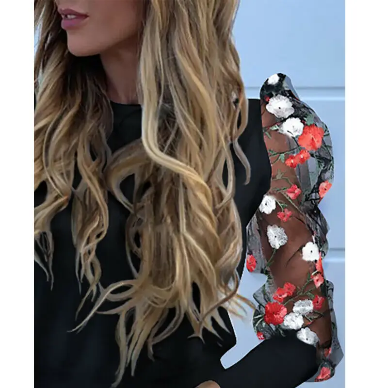 

Fashion Women Puff Long Sleeve Tops Shirts See-through Sheer Mesh Blouse Tops