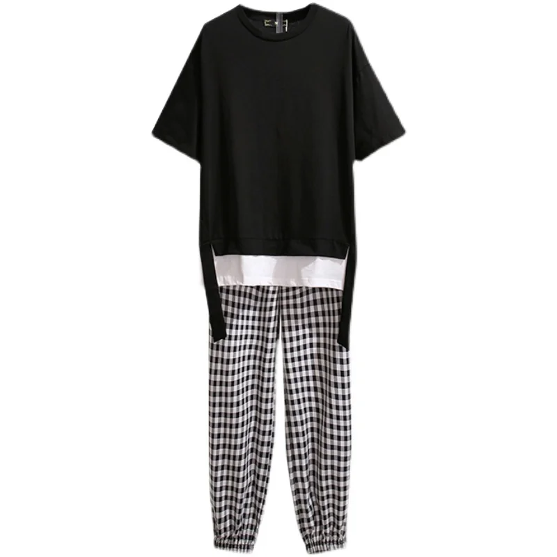 

4XL Plus Size Women Summer 2021 Cotton Short Sleeve T-shirts and Plaid Pants