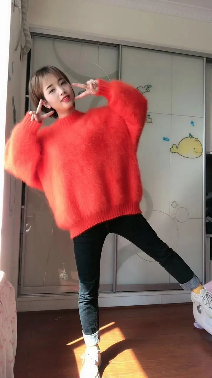 Female women winter thick warm medium long plus size mink cashmere puff sleeves angora rabbit fur pullover sweater dress | Женская
