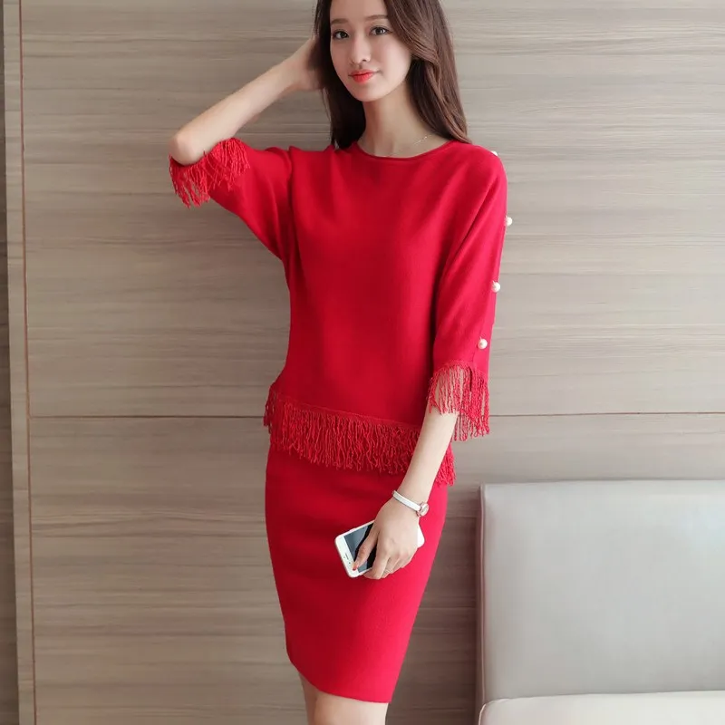 Осенний Женский вязаный костюм женский свободный свитер с кисточками и жемчугом