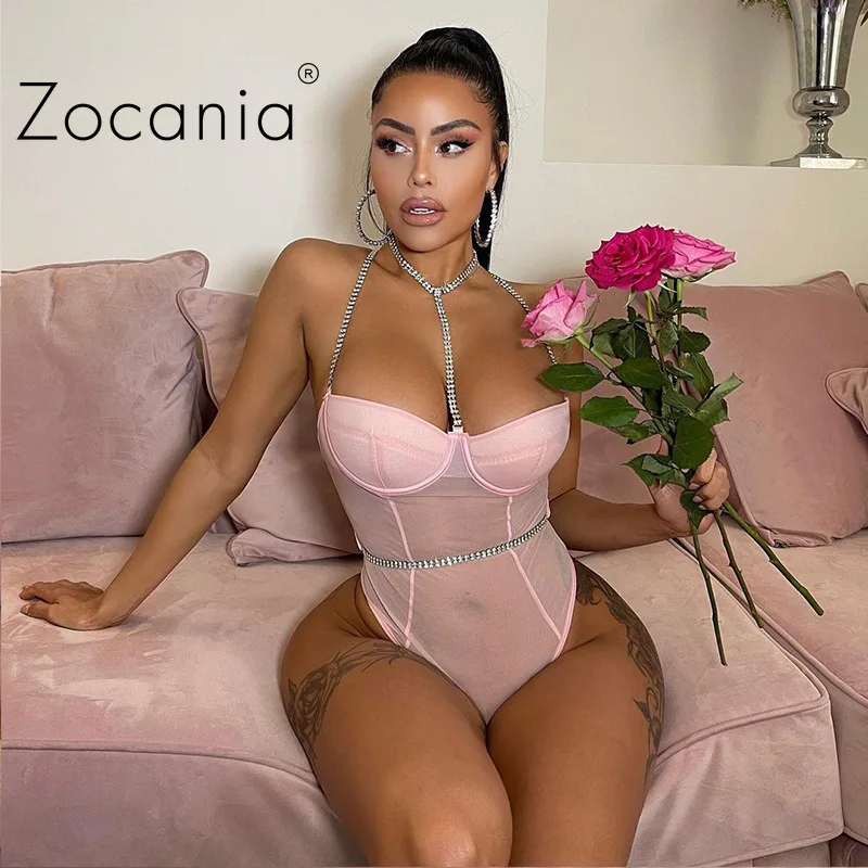 

Lace Perspective Sexy Costume Solid Backless Bodysuit Women Metal Chain Sensual Lingerie Grenadine Fashion Exotic Accessories