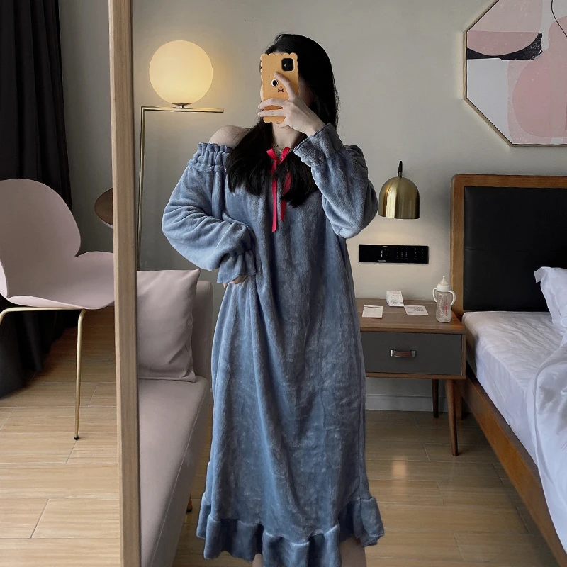 Flannel Night Skirt Horizontal Neck Women Sleepwear Sexy Winter Pullover Bowknot Medium Style