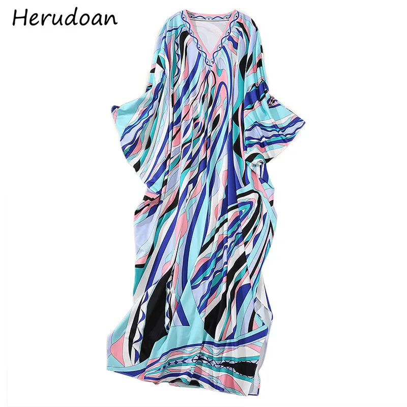 

Herudoan Bohemian Vacation Printed Long Dress Women Fashion Designer Autumn V-neck Ruffles Loose Retro Maxi Dress