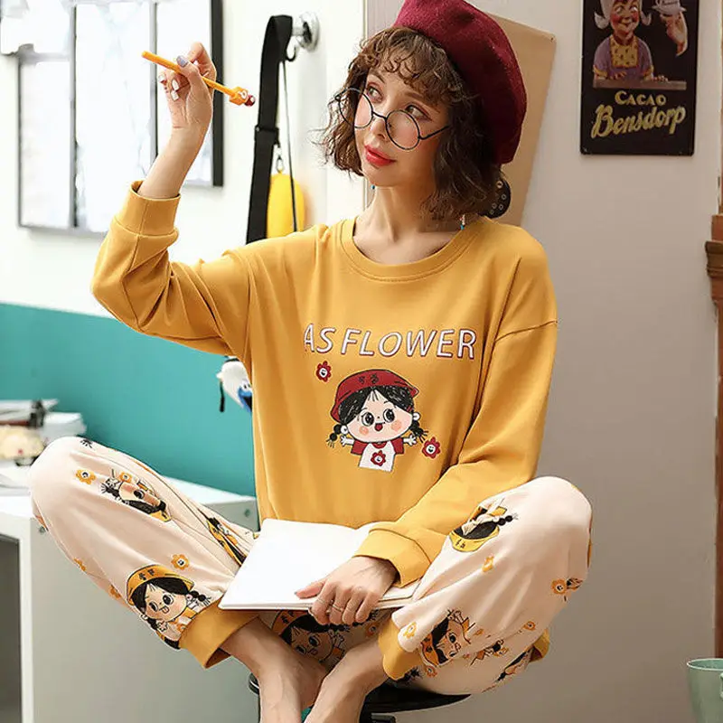 Long-sleeved Pajamas Women Spring Autumn Cartoon Cute Ladies Pyjama Long-sleeved Trouser Two-piece Comfortable Home Service Suit