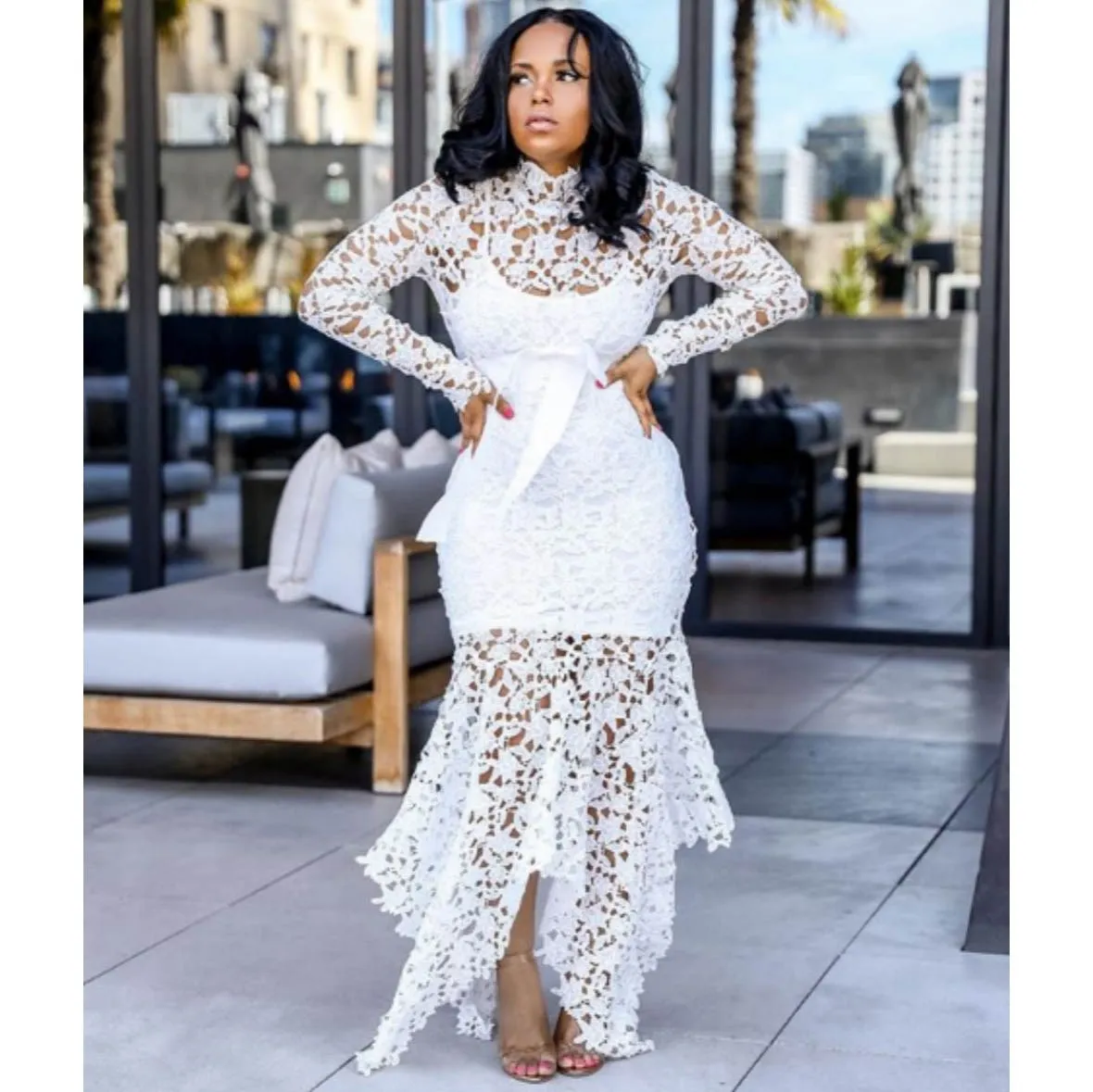 2019 Elegant Women Party Fish Tail Dress Sexy Hollow Out Lace Mesh Maxi Casual Ruffles Hem Patchwork Bodycon | Женская одежда