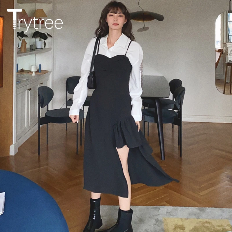 

Trytree 2021 весна-лето женское платье-жилет повседневное шелковое сексуальное модное асимметричное платье с оборками на подоле офисное женское...