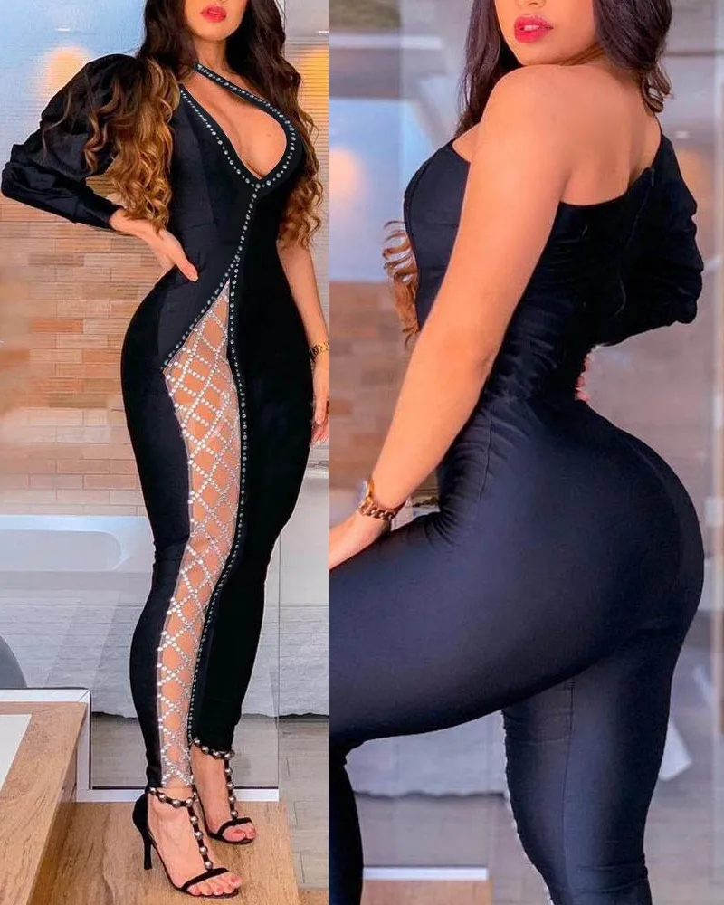 

Women Black Rhinestone Decor Hollow-out One Shoulder Jumpsuit Zipper Up High Waist Pencil Long Jumpsuit Casual Romper Playsuits