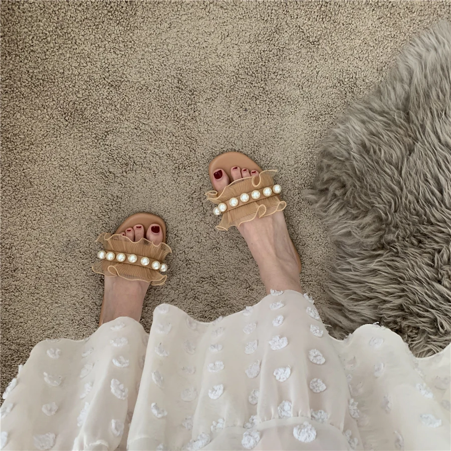 

Slippers Casual Female Shoes Square heel Slides Women Heels String Bead Luxury 2021 Block Soft Flat High Fabric PU Rome Rubber