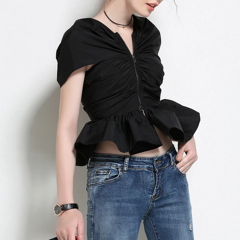 

V-neck Three-dimensional Ruffled Hem Short-sleeved Shirt Solid Color Pleated Temperament Zipper Short Shirt Female Dress