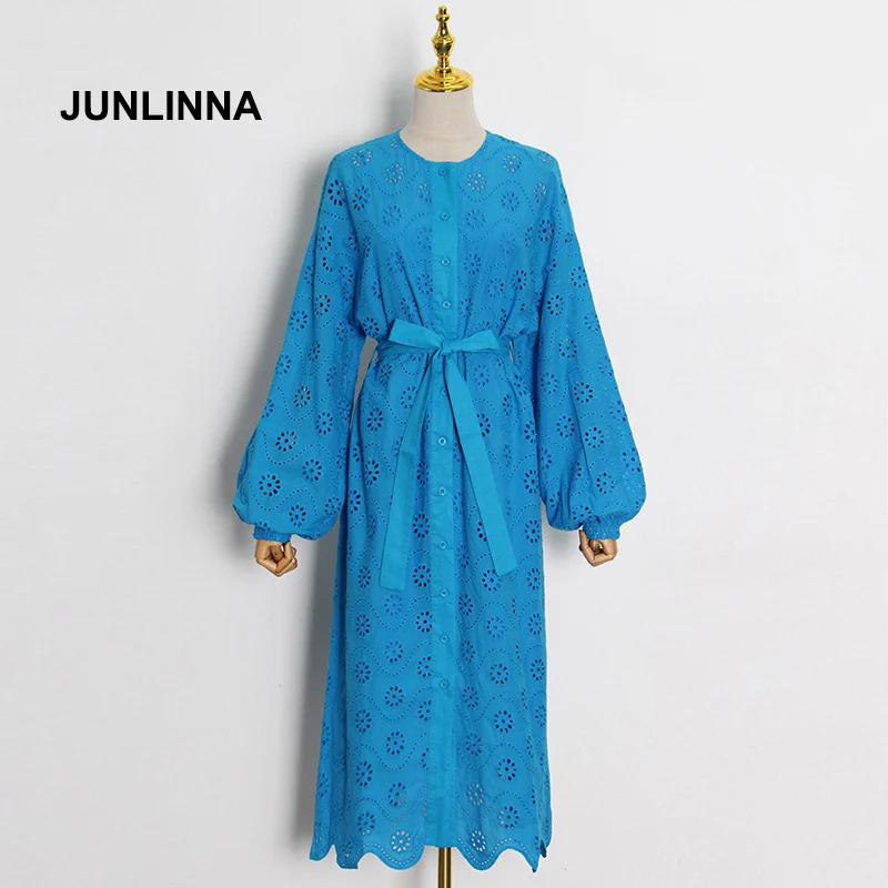 

JUNLINNA Fshionable Women Spring Summer Dress Hook Floral Hollow Out Expansion Vestidos with Inner Sashes Sliming Empire Dresses