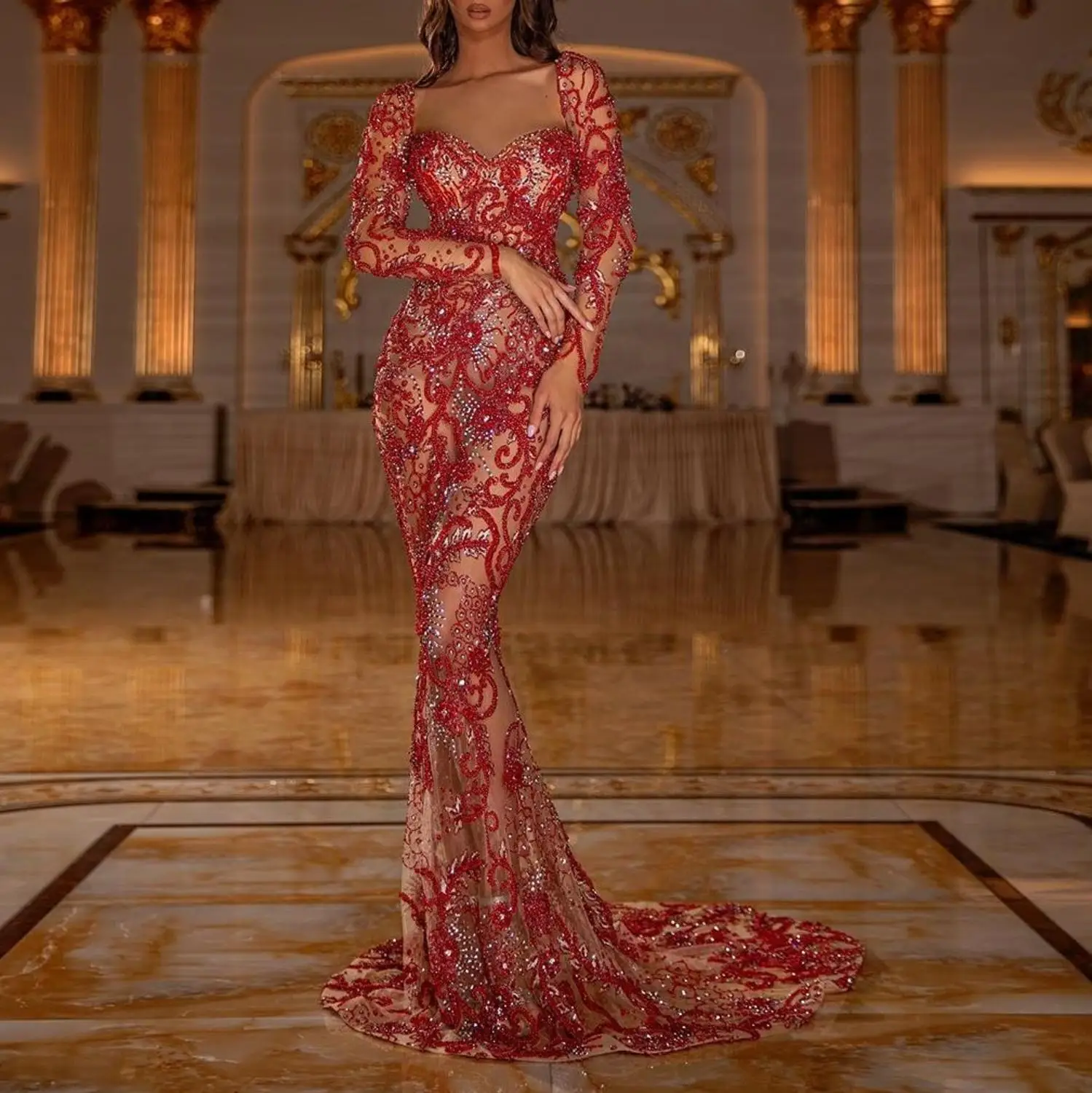 Королевские красные вечерние платья с длинными рукавами прозрачные вышитыми