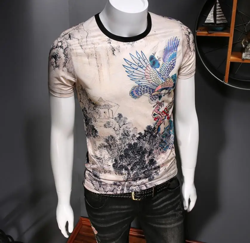 

LIASOSO Oversized T-shirt Chinese Style Ink Painting Printing Short-sleeved T-shirt Trendy Men's Breathable Fashion Round Neck
