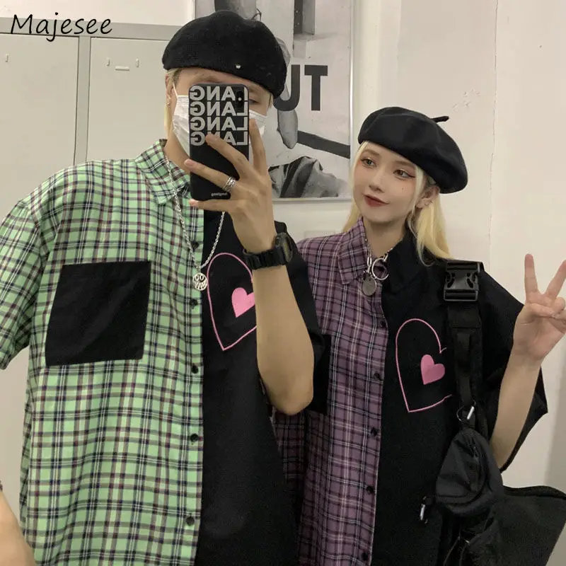 

Shirts Women Summer Fashion Heart-embroidered Korean Style Couple All-match Patchwork Turn-down Collar Panelled Female Retro Top