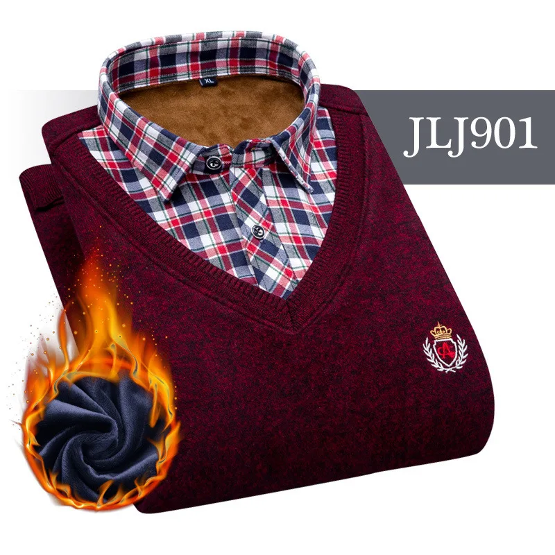 JLJ901 Мужская одежда, рубашки с вышивкой, в полоску, макет, из двух частей, платье, рубашка, имитация двойки, длинный рукав, толстый бархат, свитер, рубашки - Цвет: JLJ901