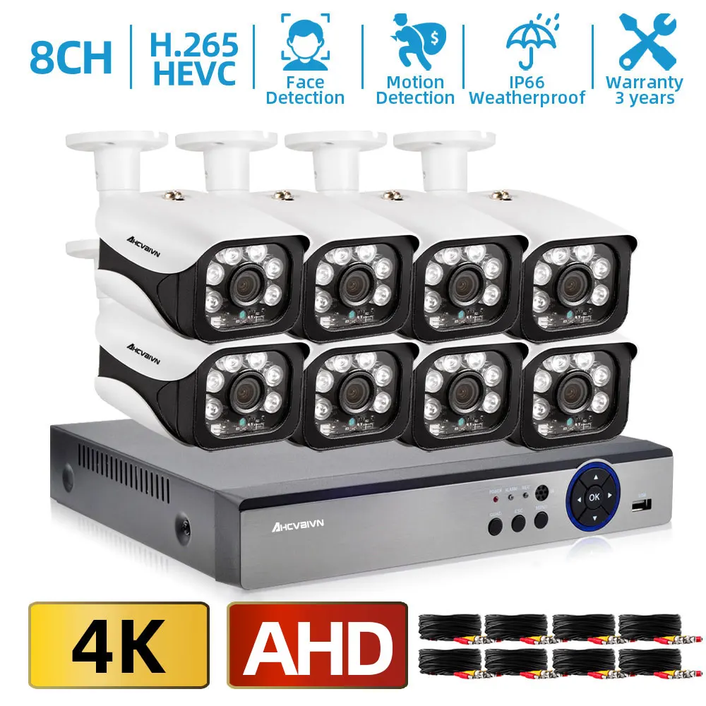 

AHCVBIVN CCTV Video Kit 4K 8CH DVR Security Camera Kit System Night Vision 8MP Outdoor Camera waterproof 4/8 x 65feet Cable P2P