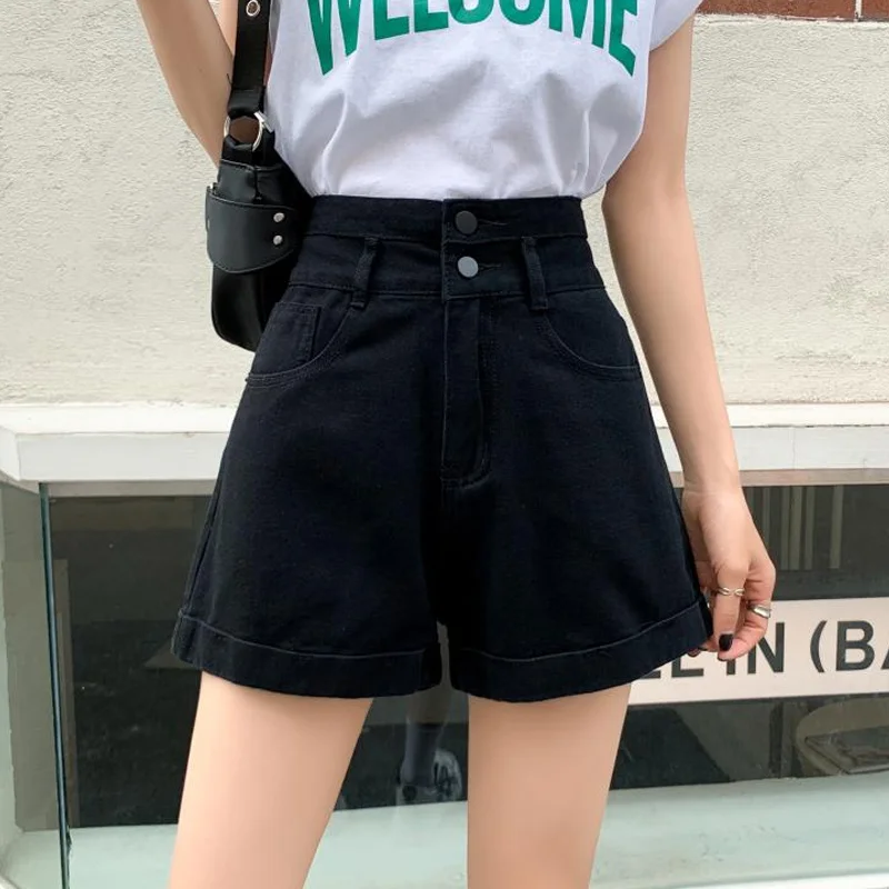 Черные джинсовые шорты женские летние тонкие свободные с высокой талией новый