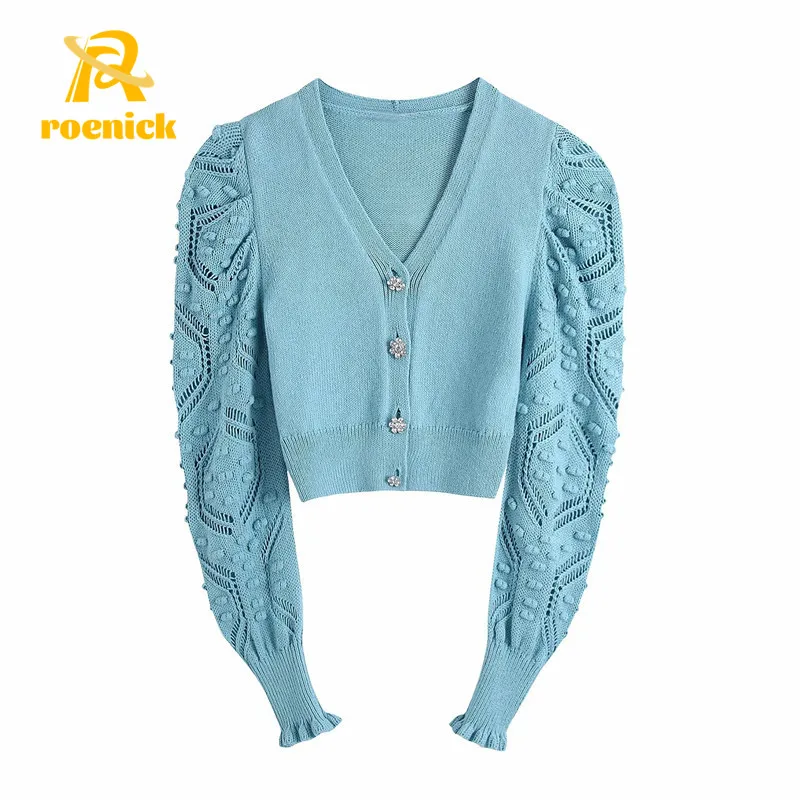 

ROENICK Women 2021 Fashion Pompoms Buttons Cropped Cardigans Sweaters Vintage Long Sleeve Knitted Tops Chic Jumpers Outerwear