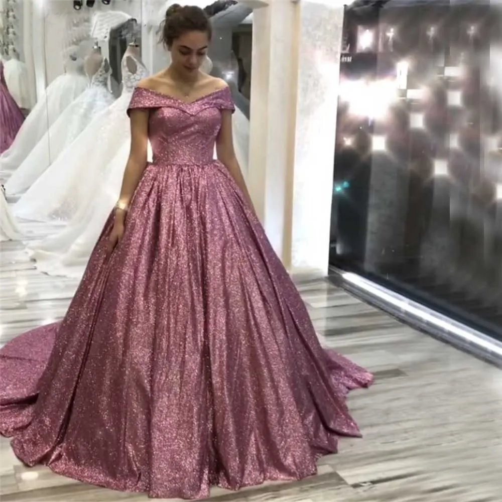

Shining Pink Sequins Evening Dresses Off The Shoulder A-Line Floor Length Lace Up Evening Dresses vestidos de fiesta فساتين السه