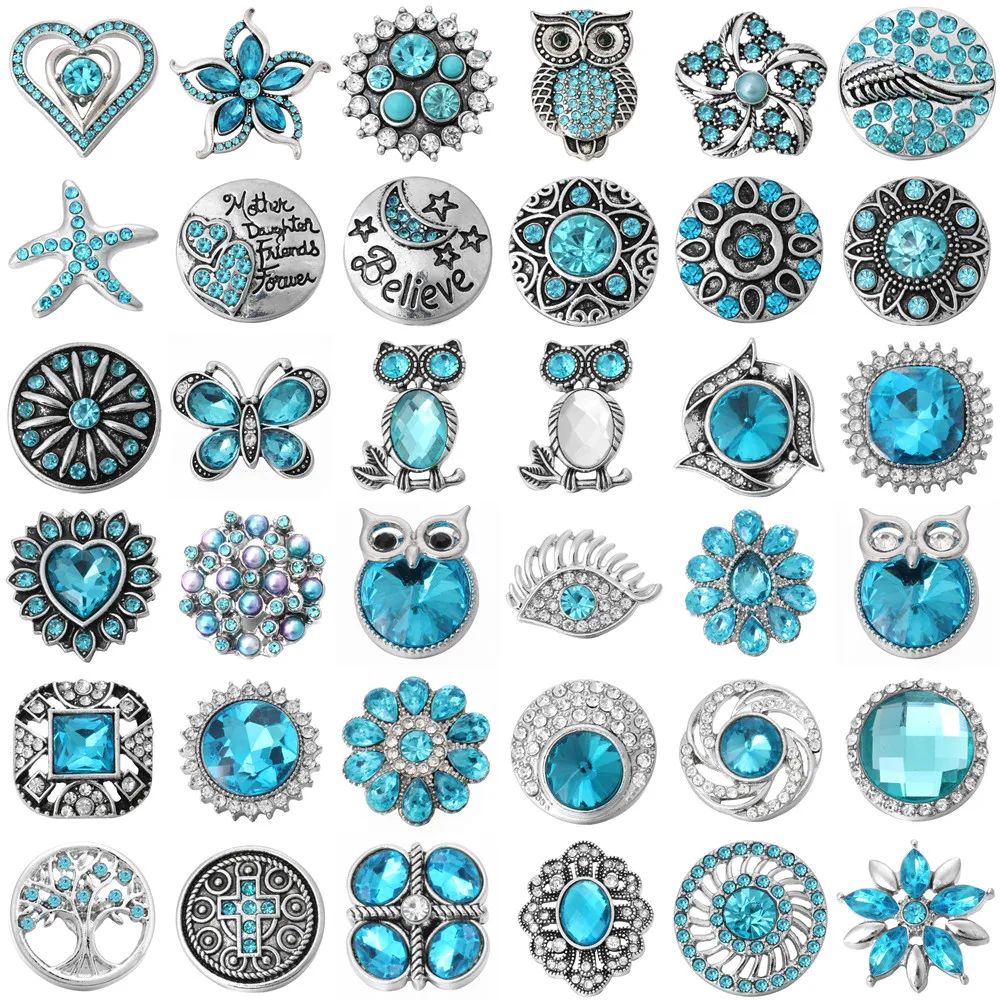 

5pcs/lot Snap Button Jewelry Sky Blue Rhinestone Owl Cross Butterfly Flower Snap Buttons Fit 18mm Snaps Jewelry Bracelets