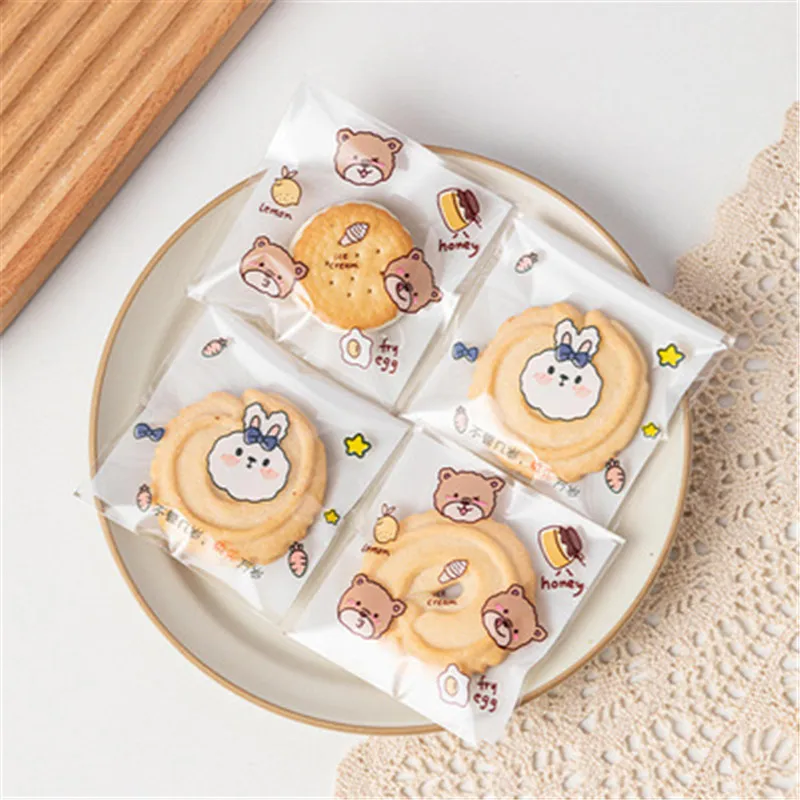 

100Pcs Cartoon Biscuit Packaging Bag Cute Rabbit Self-adhesive Snack Ziplock Bag Candy Cookie Baking Bag Wedding Favor Wrapping