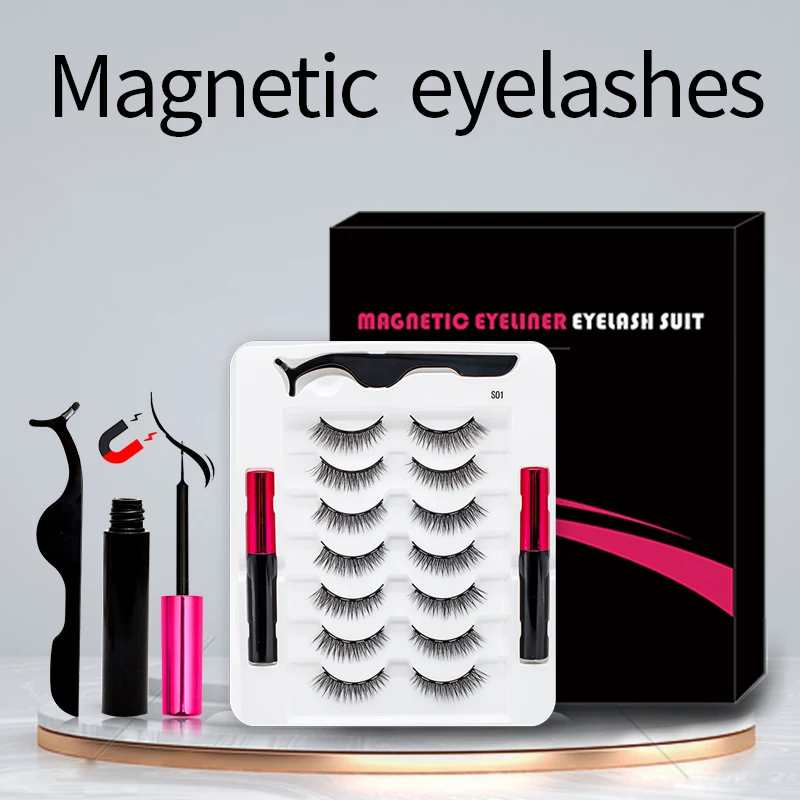 7 Pairs Reusable Magnet Eyelashes and 2 Tubes of Magnetic Eyeliner Kit Natural Look Fake Lash Set Pestañas Magneticas Makeup