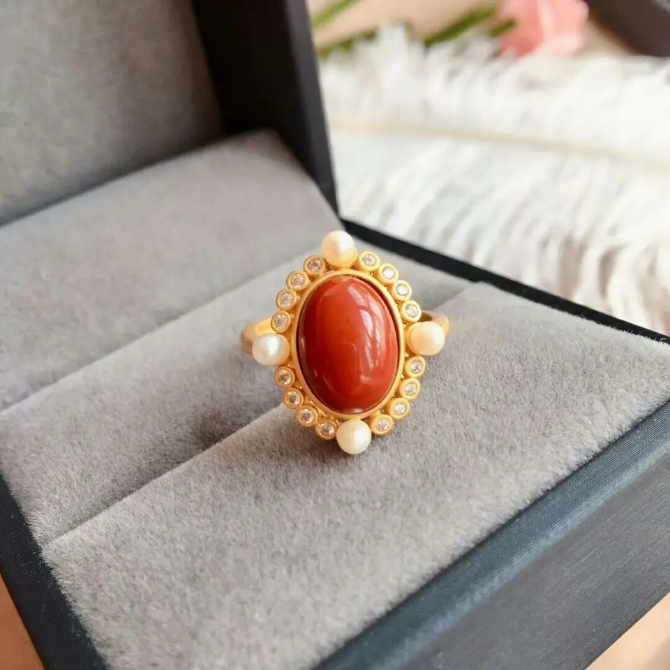 

MeiBaPJ кольцо из натурального красного агата для женщин, Настоящее серебро 925 пробы, свадебные украшения