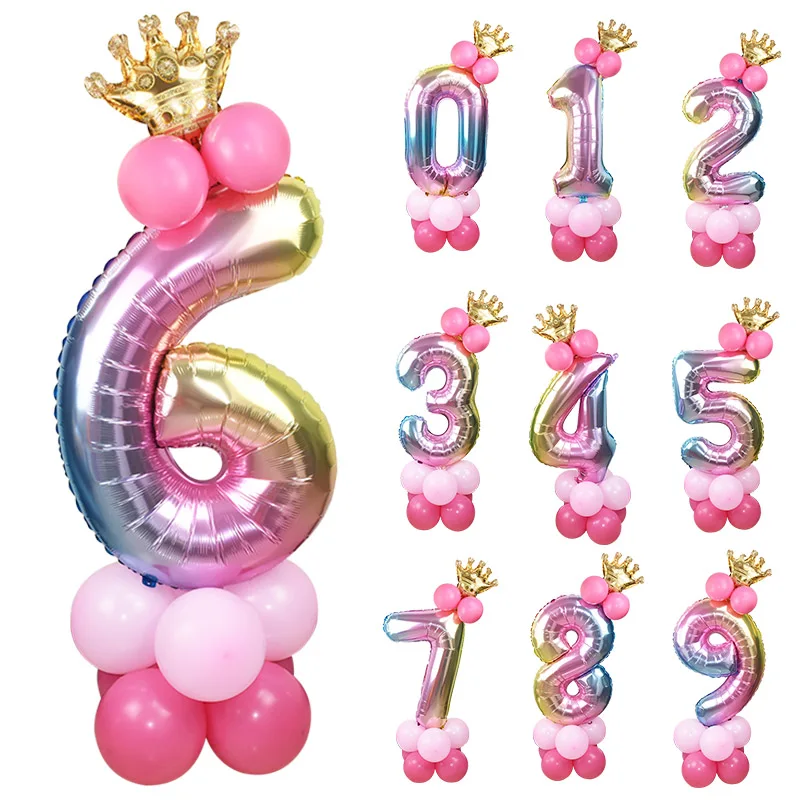 

1set Rainbow Foil Number Balloon Latex Ballon with Crown 1st Birthday Anniversary Baby Shower Kids Birthday Party Decoration