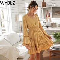 wyblz spring summer womens mini dress fashion long sleeve v neck high waist vintage boho beach party yellow dresses sundress