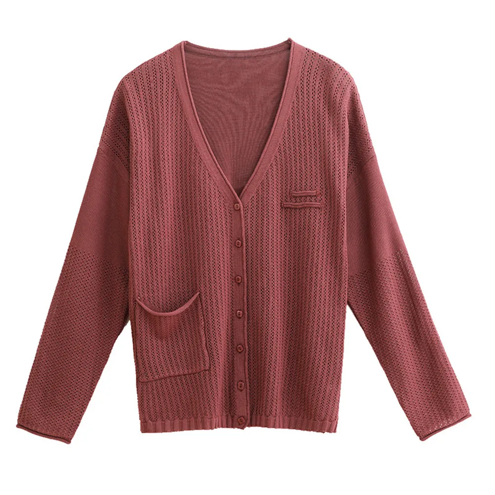 

Sweater Knitwear Women Autumn Long Sleeve v Neck Knitted Cardigans Loose Cotton Crop Tops Solid Color Single-Breasted Outwear