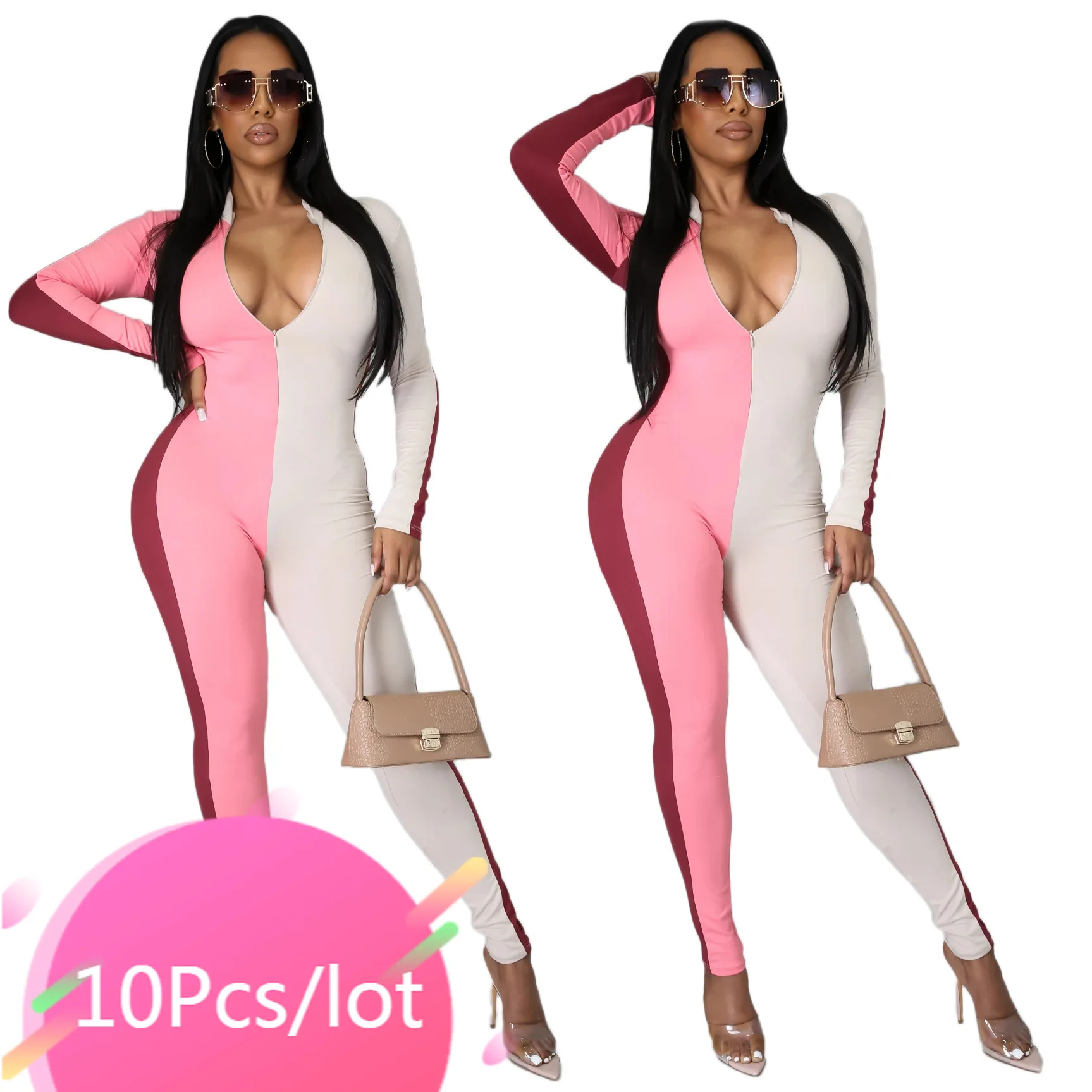 

Bulk Items Wholesale Lots Fall and Winter Sexy Jumpsuits Women Patchwork Zipper Up Bodycon One Piece Overalls Party Club Outfits