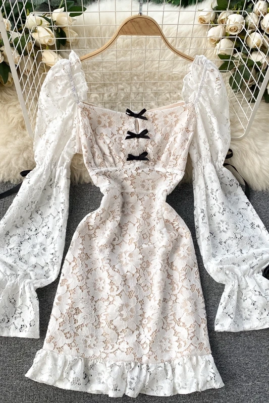 

Dress Boho A-Line Elegant Vintage 2021 Party Long Sleeve Spring Luxury Dresses Women Autumn High Waist Runway Lace Patchwork