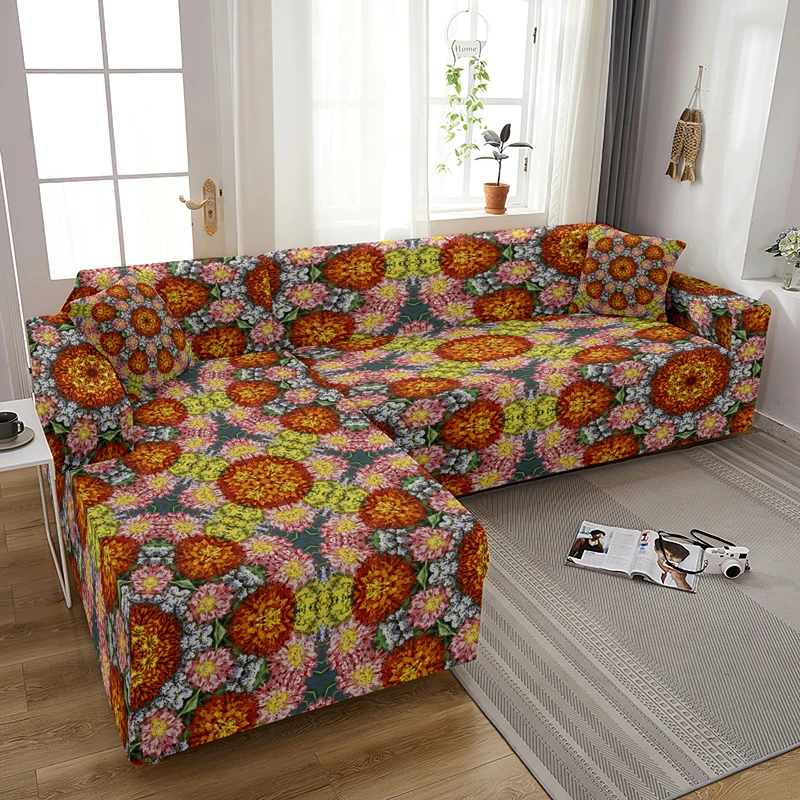 Oil Painting Flowers L Shape Elastic Sofa Cover For Living Room Stretch Corner Combination Couch Covers Universal Slipcovers | Дом и сад