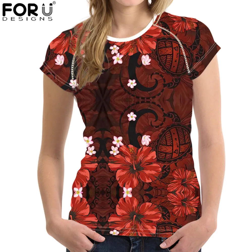 

FORUDESIGNS/короткий рукав Футболка женская Повседневная летняя обувь модные топы с круглым вырезом, гибискус полинезийская черепаха узор женск...
